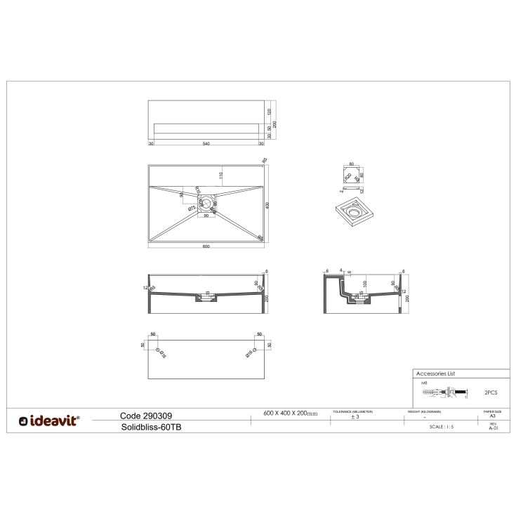 Ideavit SolidBliss-60TB tvättställ, 60x40 cm, matt vit
