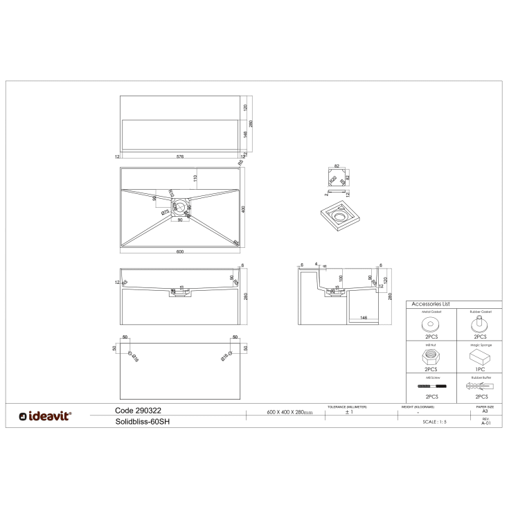 Ideavit SolidBliss-60SH servant, 60x40 cm, matt hvit