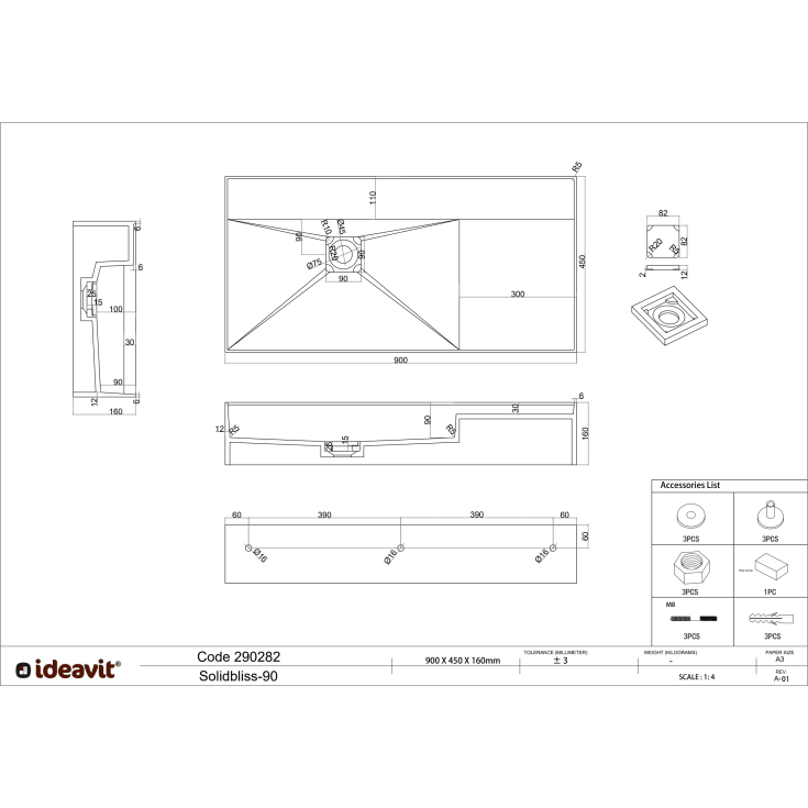 Ideavit SolidBliss-90 håndvask, 90x45 cm, mat hvid
