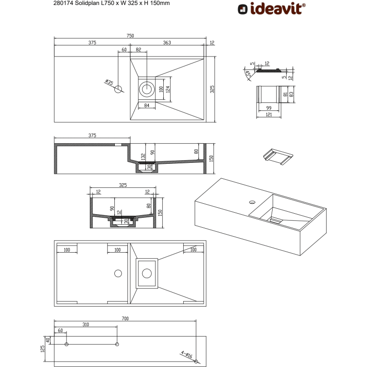 Ideavit SolidPlan-75 håndvask, 75x32,5 cm, mat hvid