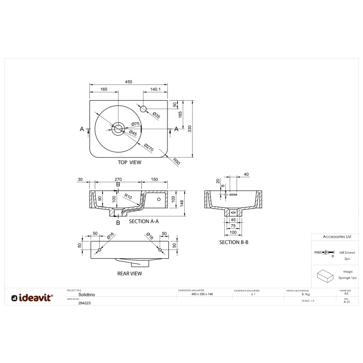 Ideavit SolidBrio-45 håndvask, 45x33 cm, mat hvid
