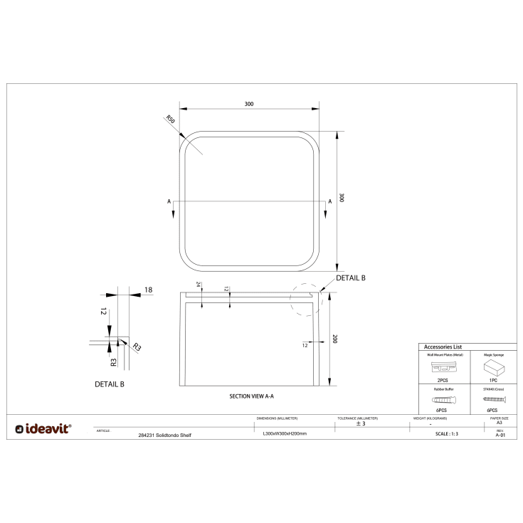 Ideavit SolidTondo hylla, 30x30x20 cm, matt vit