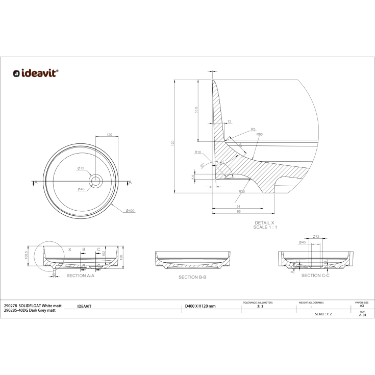 Ideavit SolidFloat-40 servant, Ø40 cm, matt hvit