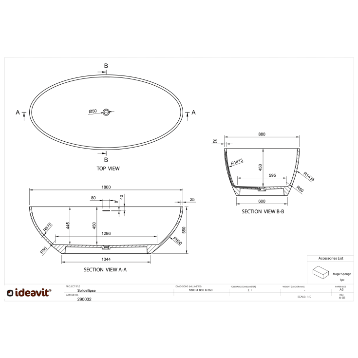 Ideavit SolidEllipse badkar, 180x88 cm, matt vit