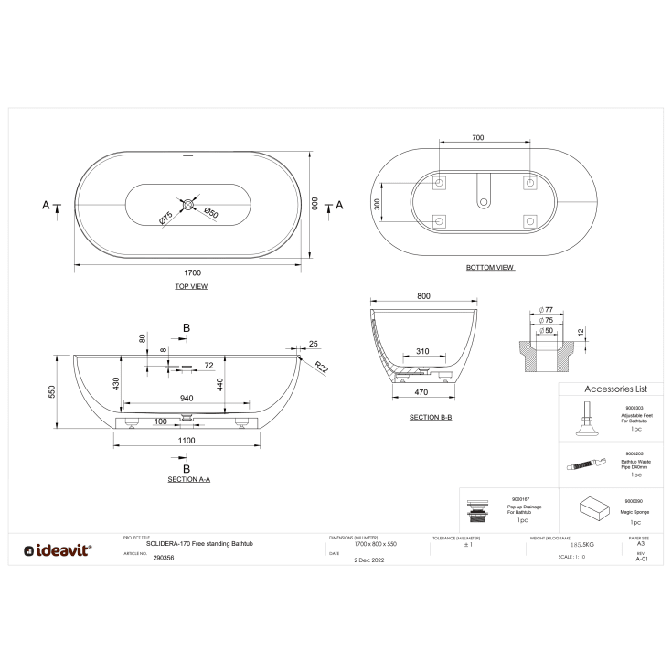 Ideavit SolidEra-170 badekar, 170x80 cm, mat hvid