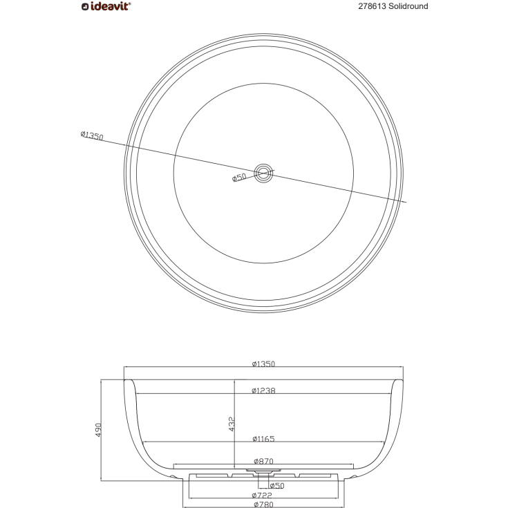 Ideavit SolidRound badekar, Ø135 cm, mat hvid