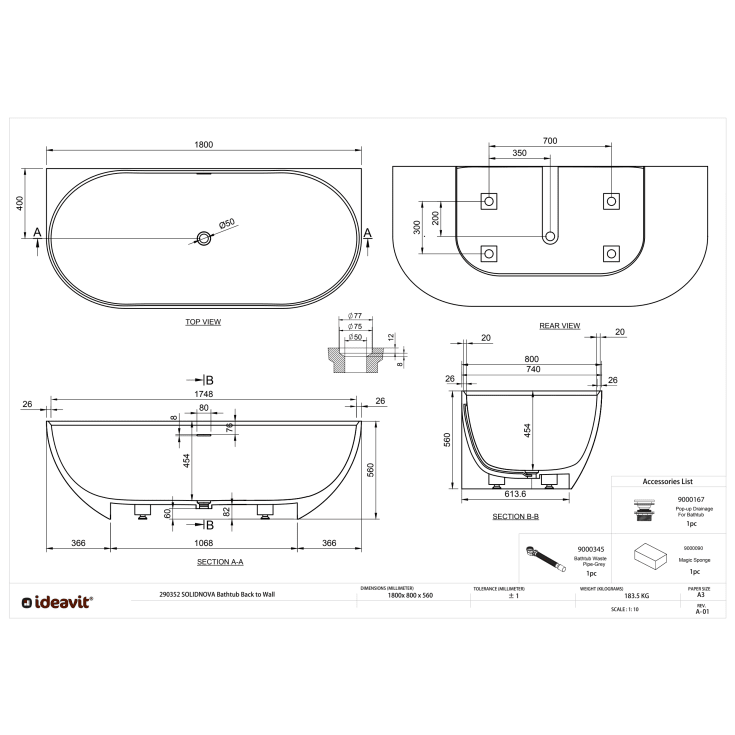 Ideavit SolidNova badekar, 180x80 cm, mat hvid