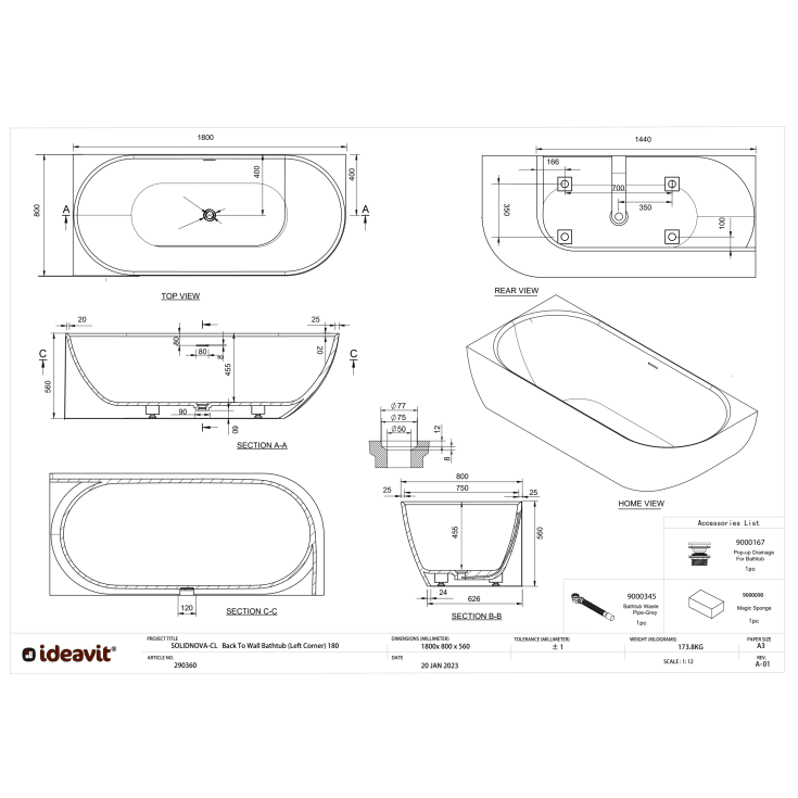 Ideavit SolidNova badekar, 180x80 cm, mat hvid