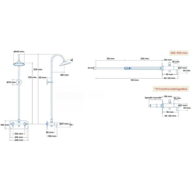 Frostline Eqi væghængt udendørsbruser, til 30-55 cm væg, kobber