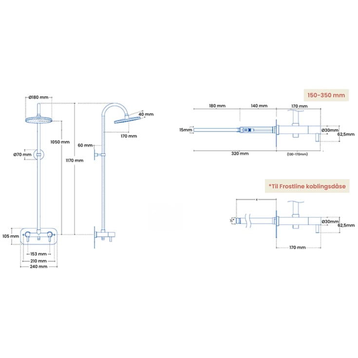 Frostline Duo væghængt udendørsbruser, til 15-35 cm væg, mat sort