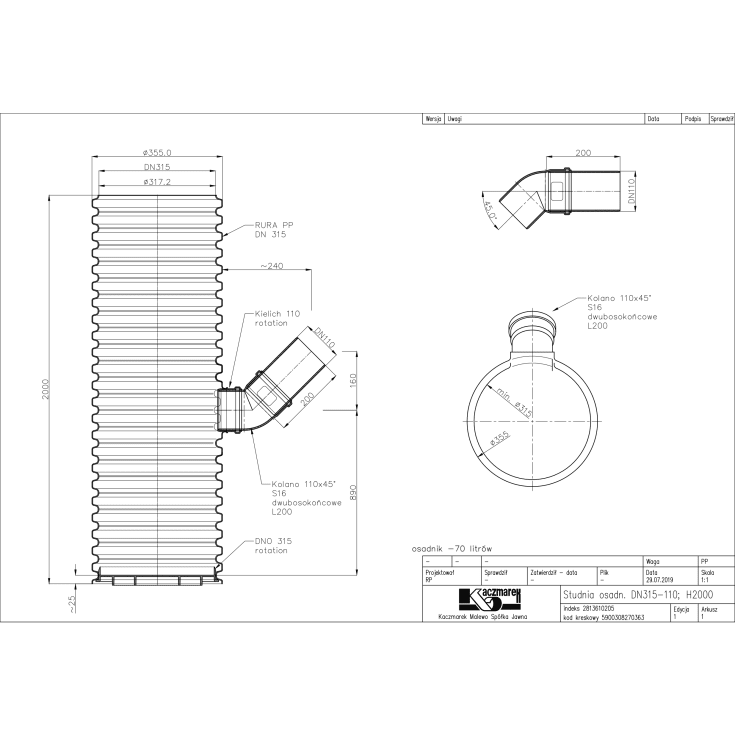 Sandfangsbrønd 315x110 mm, PP,  vandlås, 70 liter