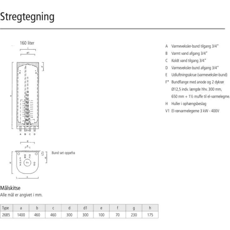 Metro Therm varmtvandsbeholder model 160, type Type 2685 C1, kombi, 137 liter