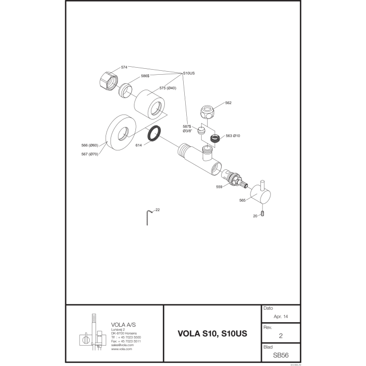 Vola S10 Stopventil m/dækkappe 1/2" x 10 mm, rustfrit stål
