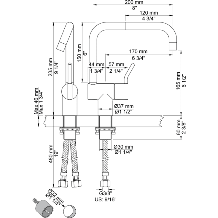 Vola KV1M køkkenarmatur, messing