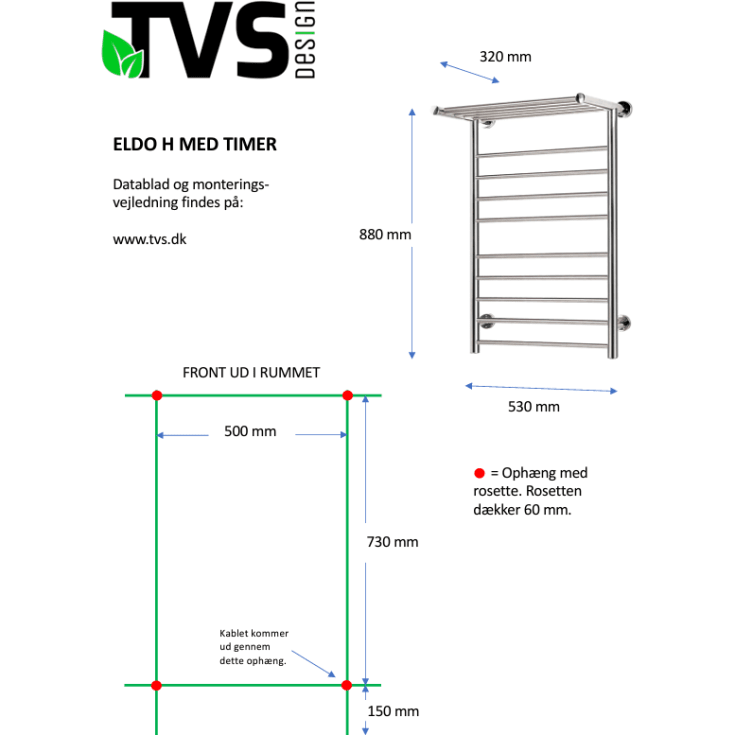 TVS ELDO H  håndklædetørrer, el, 80 x 53 cm, sort