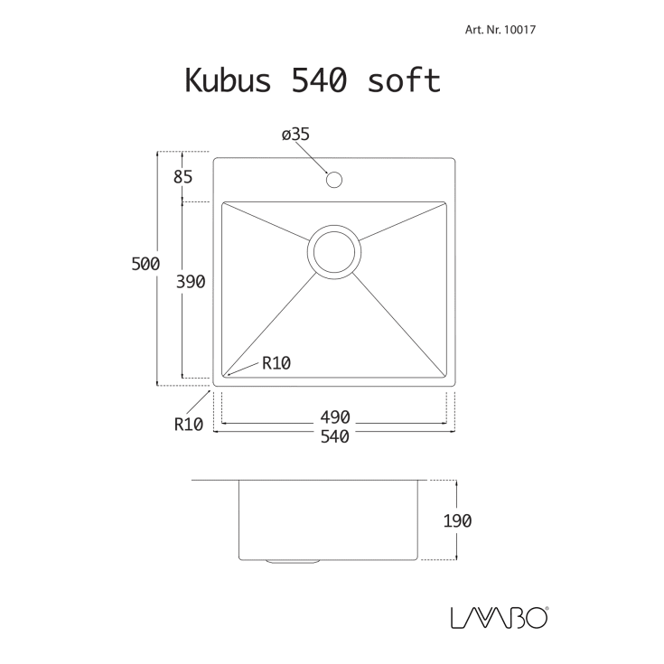 Lavabo Kubus 540 Soft køkkenvask, 54x50 cm, rustfrit stål