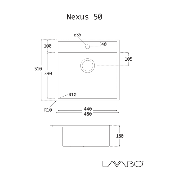 Lavabo Nexus 50 køkkenvask, 48x51 cm, rustfrit stål
