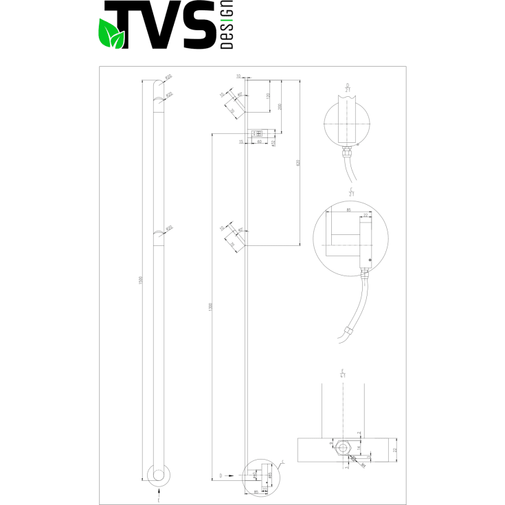 TVS Plus 1F håndklædetørrer, el, 1530x80 cm, sort