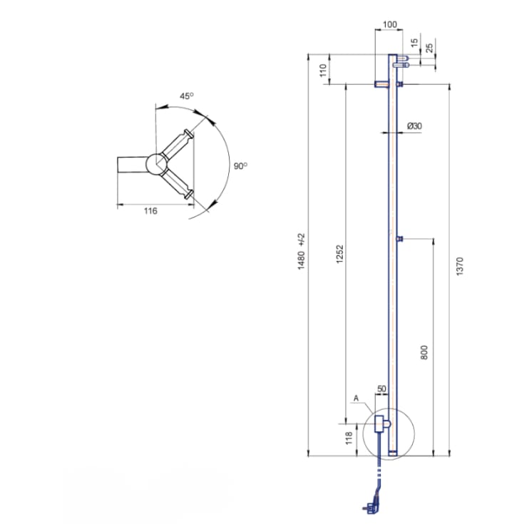 Kriss Uno håndklædetørrer, el, 148x3 cm, poleret rustfrit stål