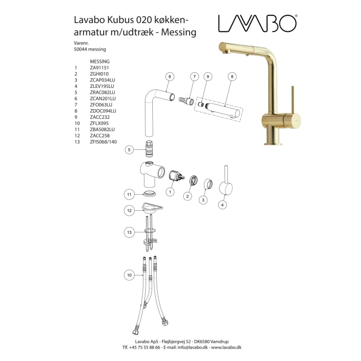 Lavabo Kubus 040 köksblandare, utdragbar pip, mässing