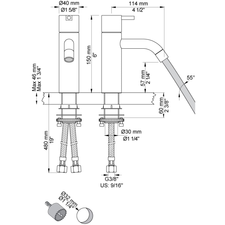 Vola HV1+30 håndvaskarmatur, messing