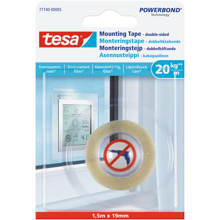 Tesa dobbeltklæbende monteringstape til glas, 19 mm, 1,5 meter