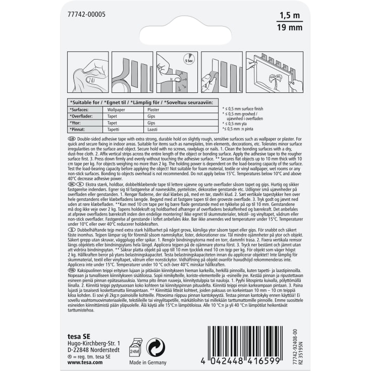 Tesa dobbeltklæbende monteringstape til tapet/puds, 19 mm, 1,5 meter