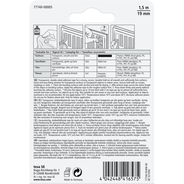 Tesa dobbeltklæbende monteringstape til glas, 19 mm, 1,5 meter