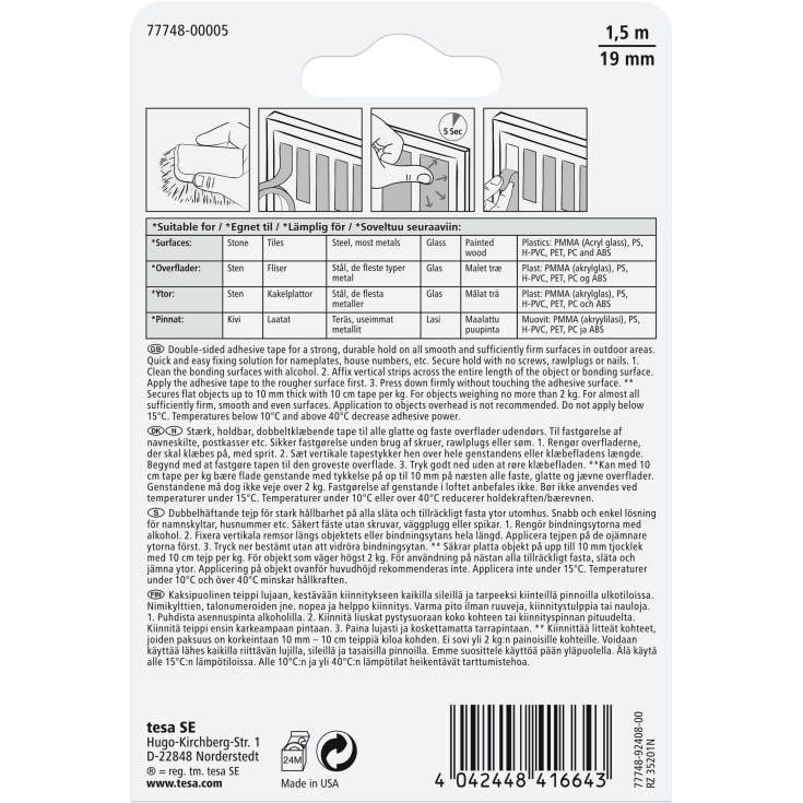 12 stk Tesa dobbeltklæbende monteringstape til murværk/sten, 19 mm, 1,5 meter