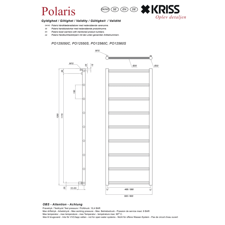 Kriss Polaris håndkletørker, kombi, 60x125 cm, krom