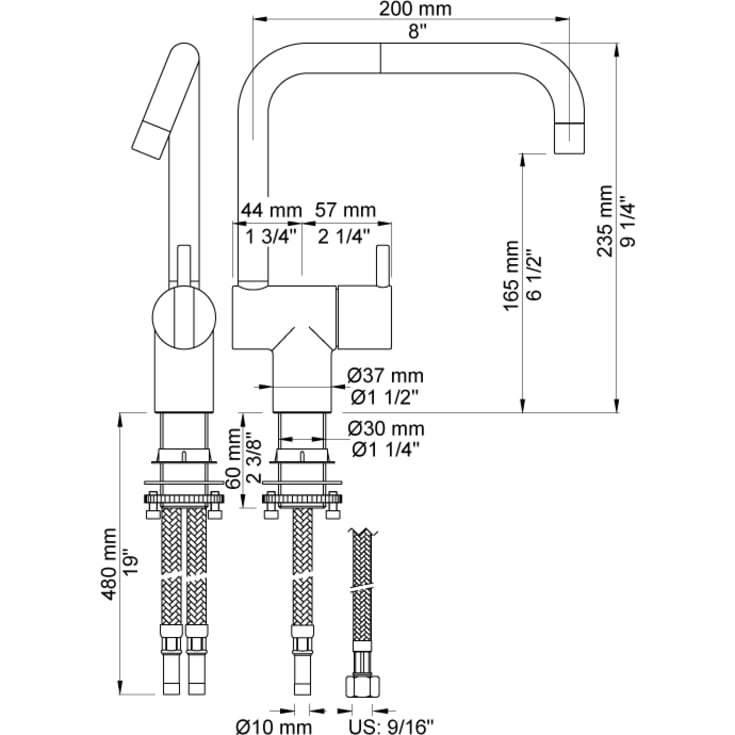 Vola KV1 kjøkkenbatteri, med dobbel svingbar tut, krom