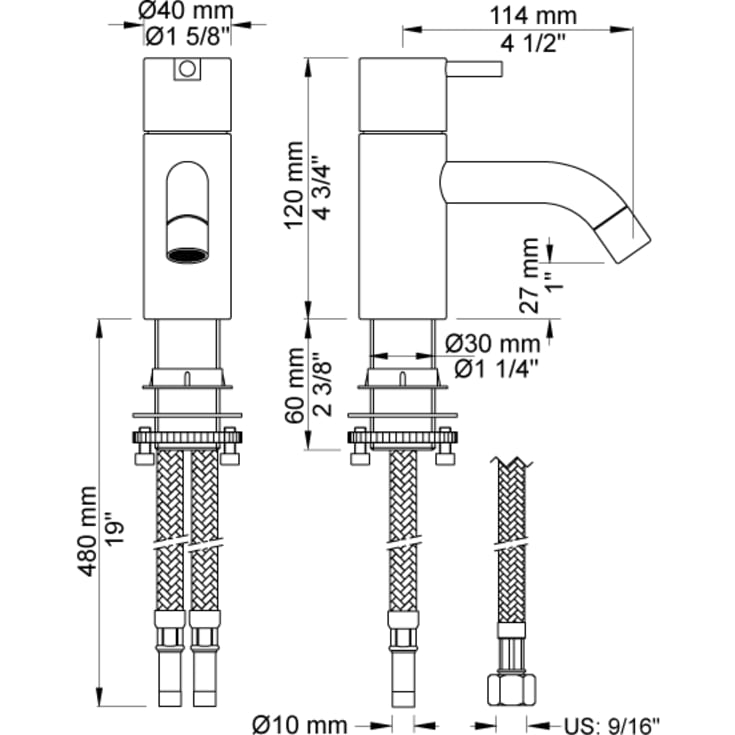 Vola HV1 Servantbatteri, uten bunnventil, standard grep, børstet krom