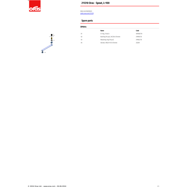 Oras D-tud, 100 mm, 3/4", krom