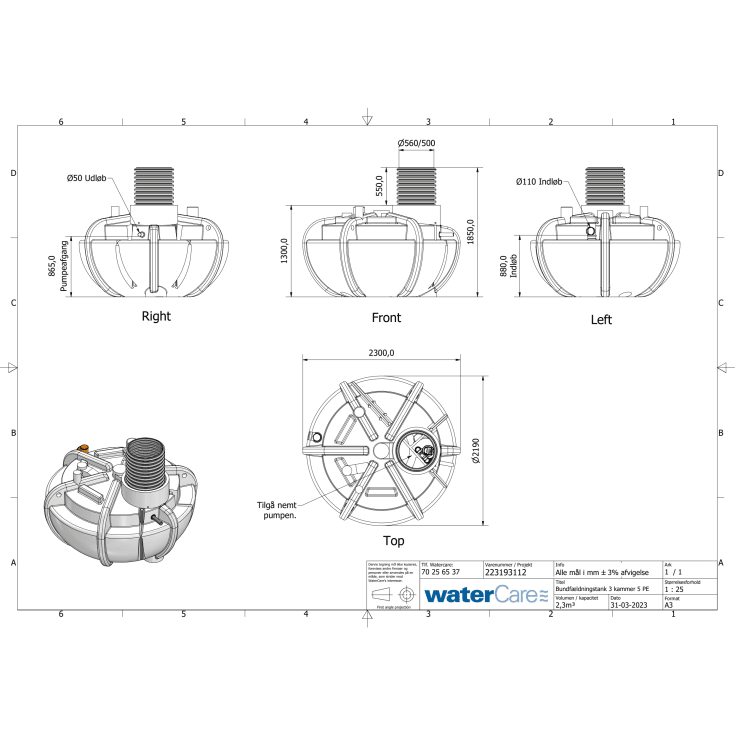 WaterCare 2300 l 3-kammertank med Flygt DX35-5 pumpe, 5PE