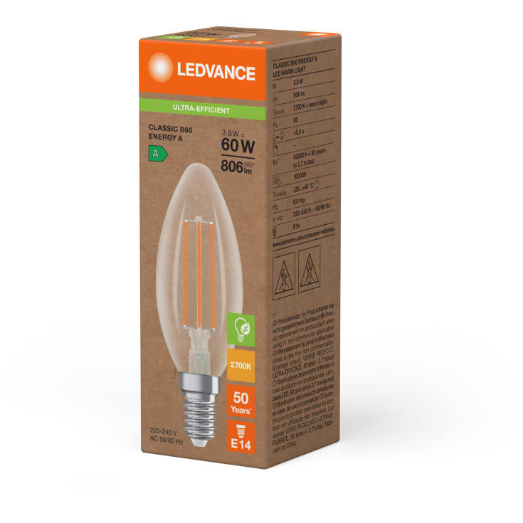 Ledvance E14 mignonpære, 2700K, 3,8W