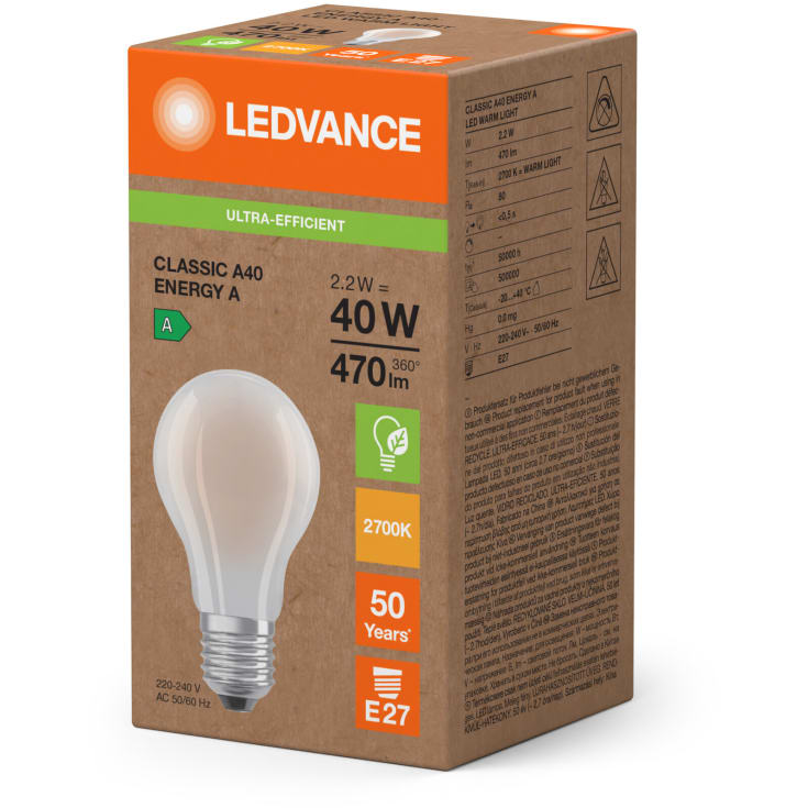 Ledvance Ultra Efficient E27 standardpære, 3000K, 2,2W