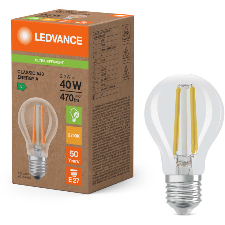 Ledvance Ultra Efficient E27 standardpære, 3000K, 2,2W