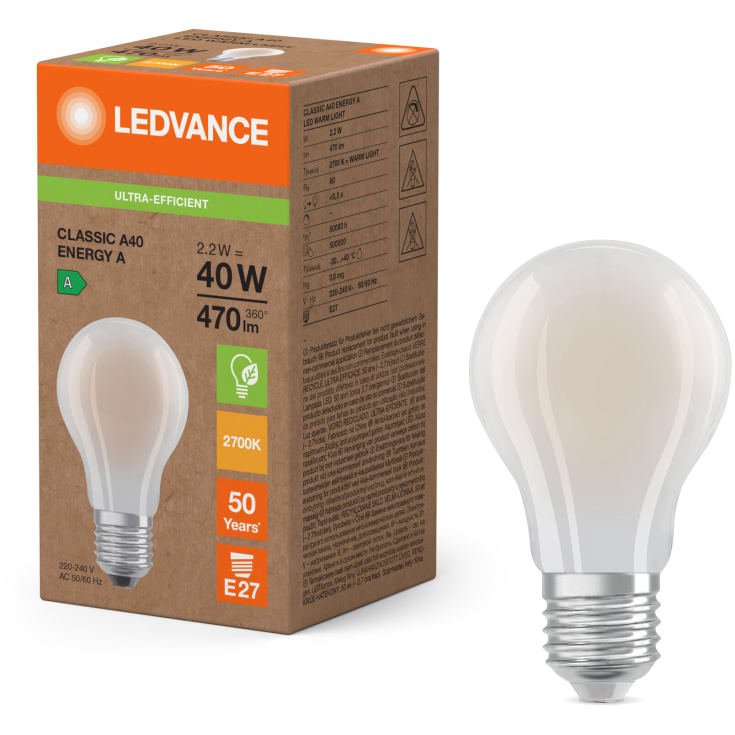 Ledvance Ultra Efficient E27 standardpære, 3000K, 2,2W
