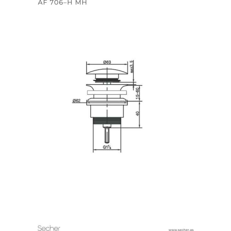 Secher AF 706-H bottenventil, push-open, matt svart