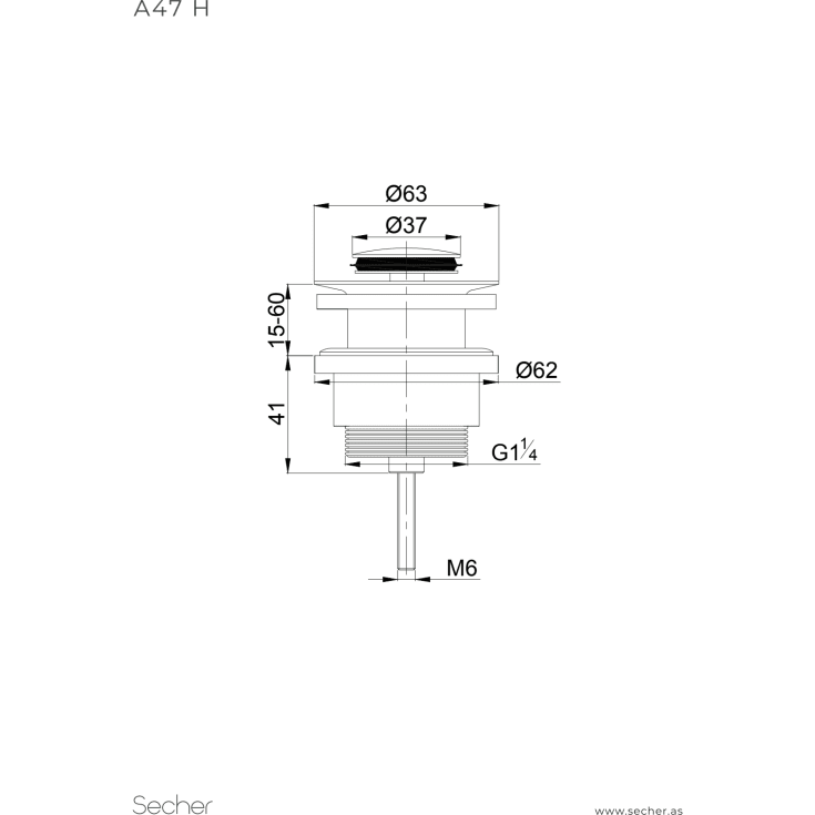 Secher AF 47-H bundventil, push-open, krom