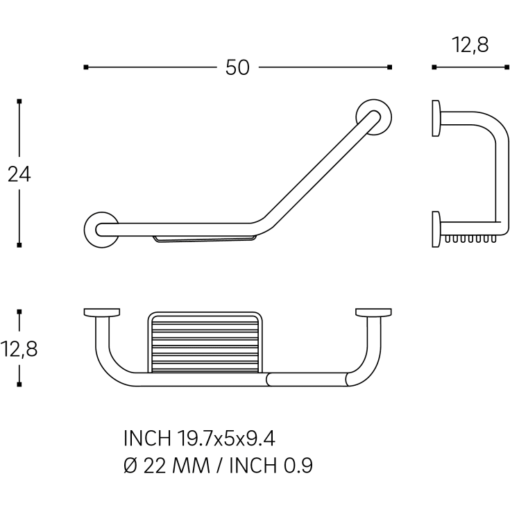 Cosmic Architect støttegreb, 50 cm, 135°, højre, krom