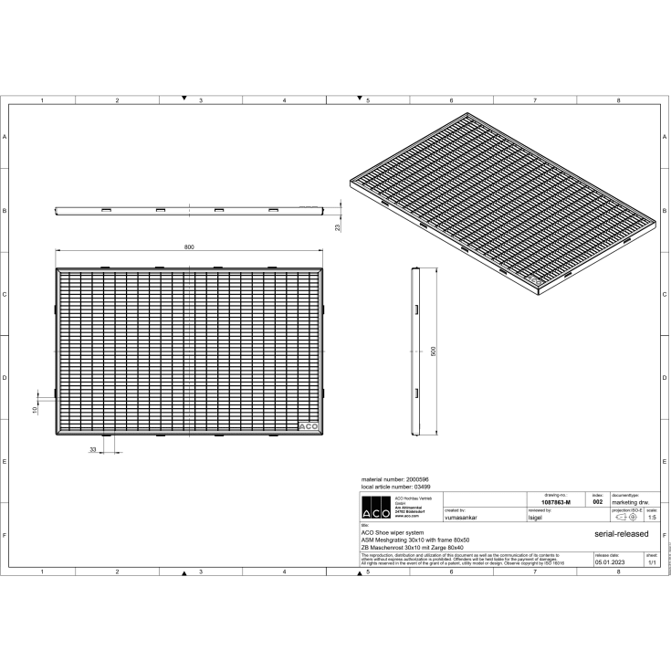 Aco Vario dørrist, med ramme, 80x50 cm, galvaniseret