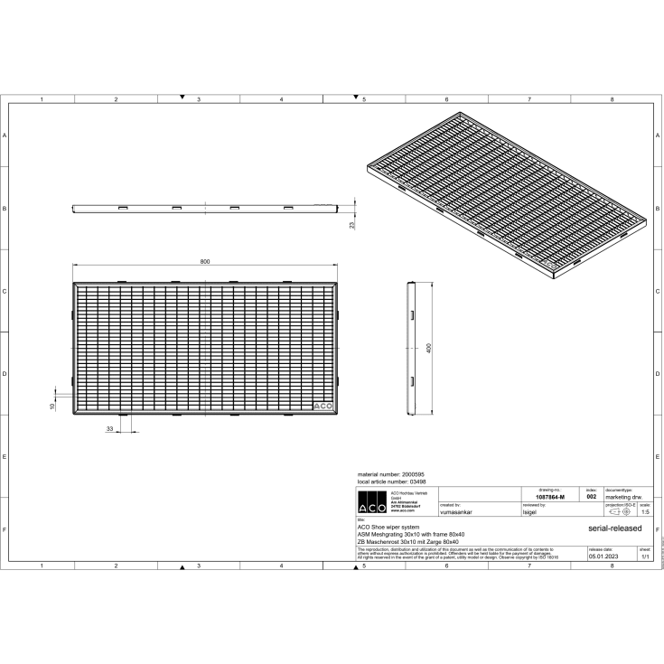 Aco Vario dørrist, med ramme, 80x40 cm, galvaniseret