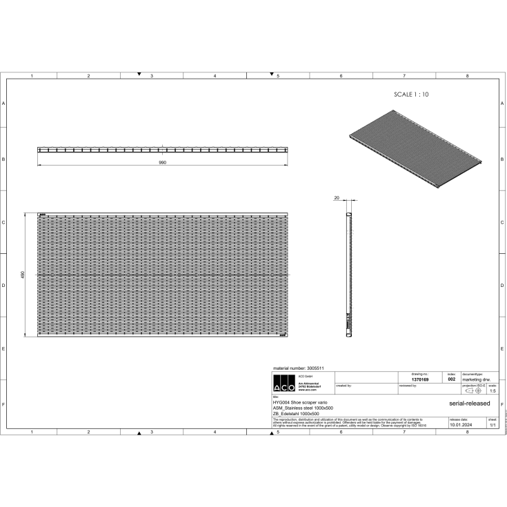 Aco Vario design dørrist, 100x50 cm, rustfrit stål