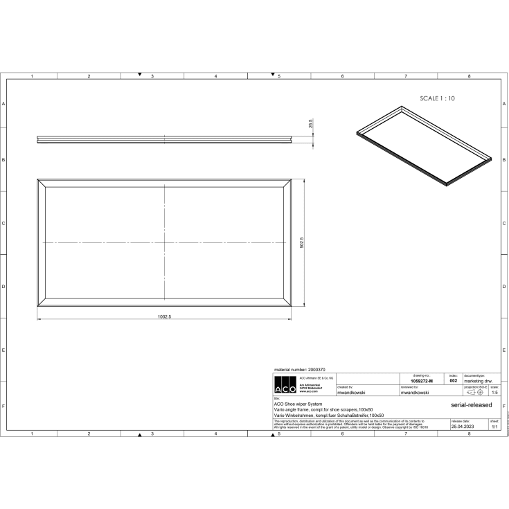 Aco Vario ramme til dørmåtte, 100x50 cm, aluminium