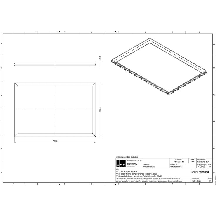 Aco Vario ramme til dørmåtte, 75x50 cm, aluminium