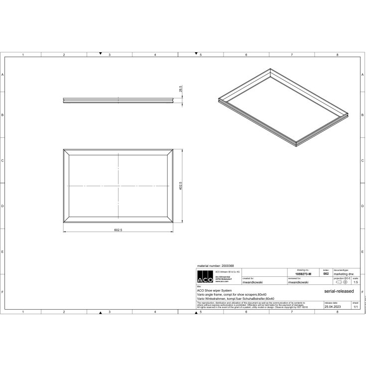 Aco Vario ramme for dørmatte, 60x40 cm, aluminium