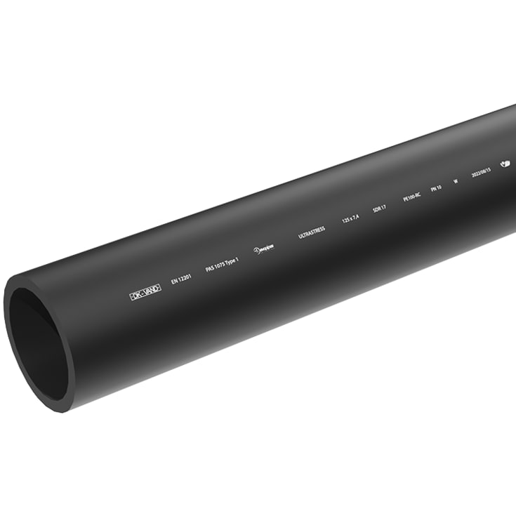 6 meter Evopipes 225 mm PE100RC PN10 SDR17 rør, sort, 6 m, EN 12201