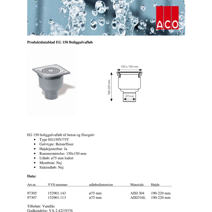 Aco afløbsskål, til beton og flisegulv, Ø75 mm