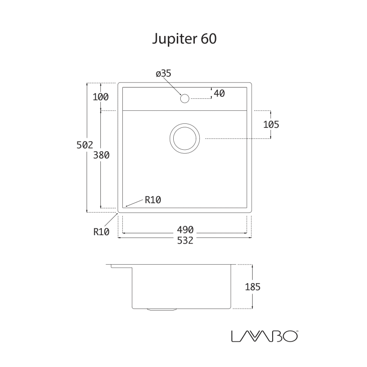 Lavabo Jupiter 60 kjøkkenvask, 55,6x52,6 cm, sort